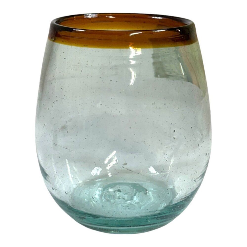 Handcrafted Recycled Glass Wine Tumbler Amber Rim 4.5" Bud Vase Mexico Handmade